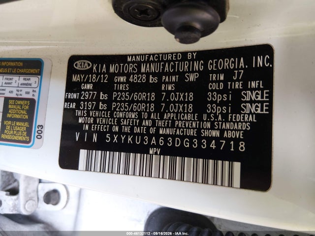 46132112 :رقم المزاد ، 5XYKU3A63DG334718 vin ، 2013 Kia Sorento Ex مزاد بيع
