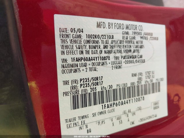 2004 Ford Thunderbird მანქანა იყიდება აუქციონზე, vin: 1FAHP60A44Y110878, აუქციონის ნომერი: 46132130