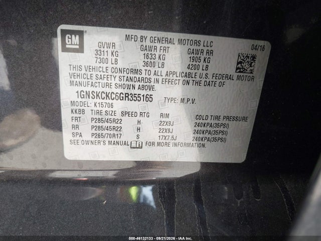 46132133 :رقم المزاد ، 1GNSKCKC6GR355165 vin ، 2016 Chevrolet Tahoe Ltz مزاد بيع