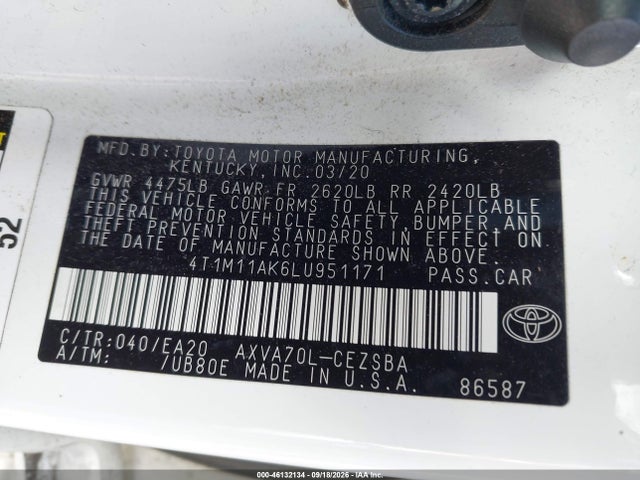 46132134 :رقم المزاد ، 4T1M11AK6LU951171 vin ، 2020 Toyota Camry Se مزاد بيع