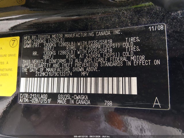 46132135 :رقم المزاد ، 2T2HK31U79C133174 vin ، 2009 Lexus Rx 350 مزاد بيع