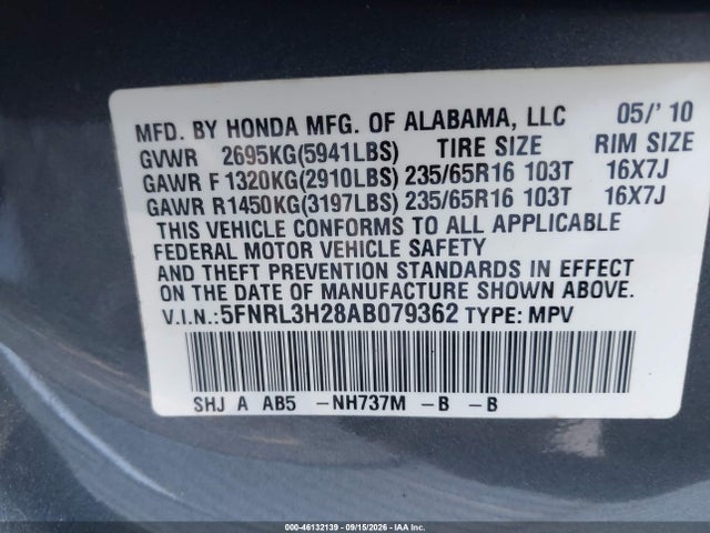 2010 Honda Odyssey Lx მანქანა იყიდება აუქციონზე, vin: 5FNRL3H28AB079362, აუქციონის ნომერი: 46132139