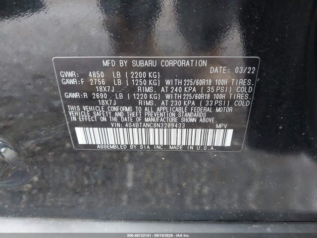 Продажа на аукционе авто 2022 Subaru Outback Limited, vin: 4S4BTANC8N3209433, номер лота: 46132141