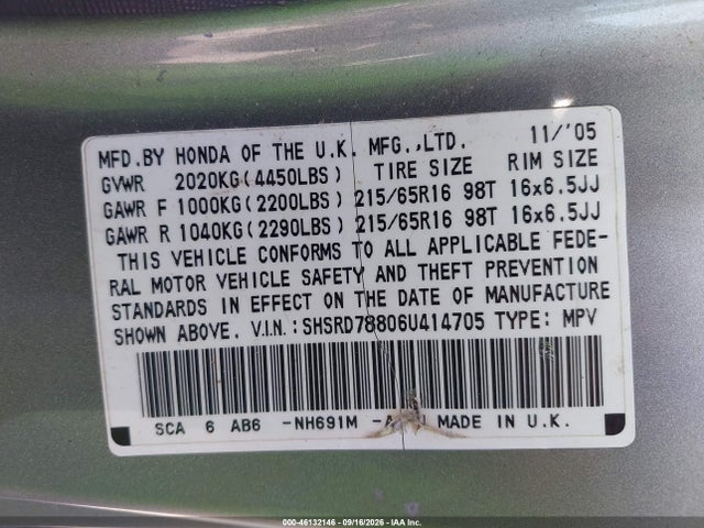 Auction sale of the 2006 Honda Cr-v Ex, vin: SHSRD78806U414705, lot number: 46132146