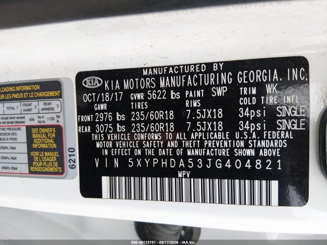 Aukcja sprzedaży 2018 Kia Sorento 3.3l Ex, vin: 5XYPHDA53JG404821, numer aukcji: 46132151