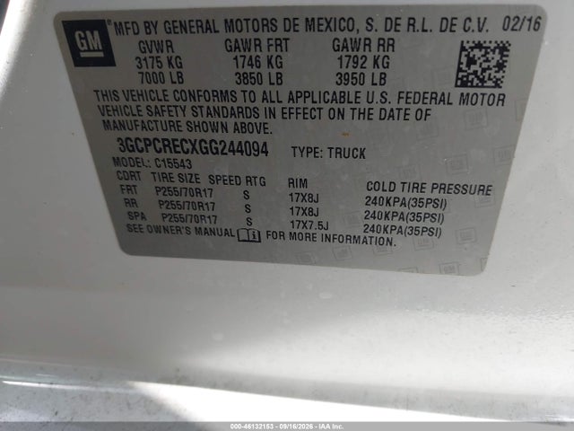 Продажа на аукционе авто 2016 Chevrolet Silverado 1500 1lt, vin: 3GCPCRECXGG244094, номер лота: 46132153