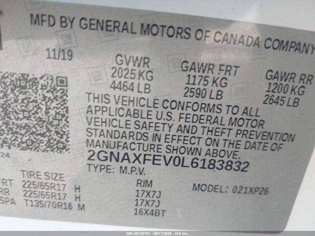 46132161 :رقم المزاد ، 2GNAXFEV0L6183832 vin ، 2020 Chevrolet Equinox Fwd 1fl مزاد بيع