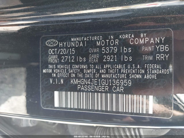Продажа на аукционе авто 2016 Hyundai Genesis 3.8, vin: KMHGN4JE1GU136959, номер лота: 46132165