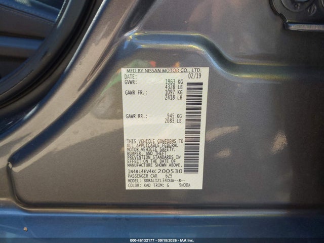 Aukcja sprzedaży 2019 Nissan Altima 2.5 Sl, vin: 1N4BL4EV4KC200530, numer aukcji: 46132177