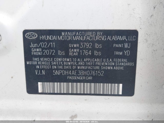 Aukcja sprzedaży 2011 Hyundai Elantra Limited, vin: 5NPDH4AE3BH076152, numer aukcji: 46132190