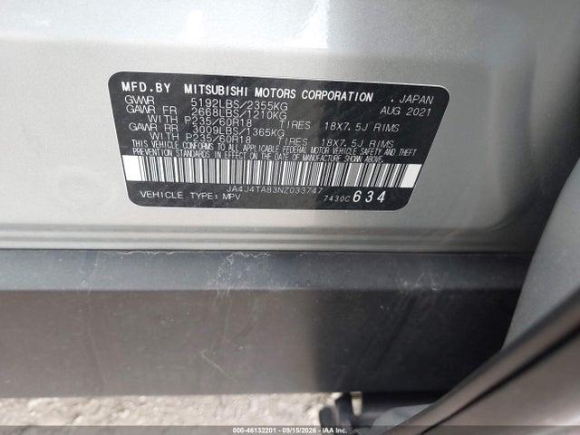 Aukcja sprzedaży 2022 Mitsubishi Outlander Es 2.5 S-awc, vin: JA4J4TA83NZ033747, numer aukcji: 46132201