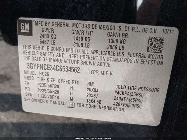 Aukcja sprzedaży 2012 Cadillac Srx Premium Collection, vin: 3GYFNCE34CS534562, numer aukcji: 46132212