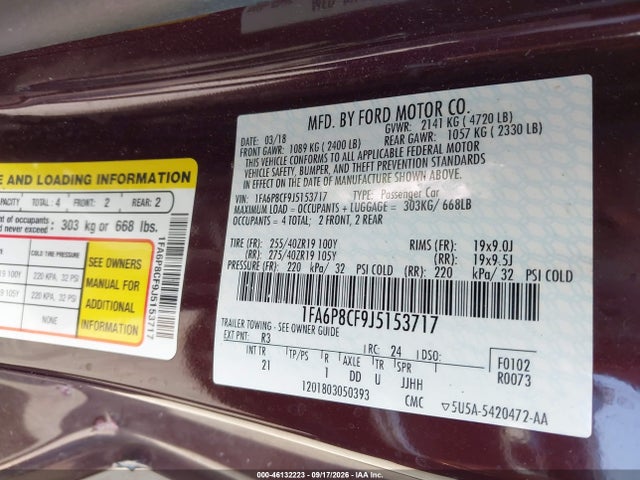 Продажа на аукционе авто 2018 Ford Mustang Gt, vin: 1FA6P8CF9J5153717, номер лота: 46132223