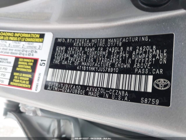 Продажа на аукционе авто 2018 Toyota Camry Le, vin: 4T1B11HK1JU578910, номер лота: 46132227