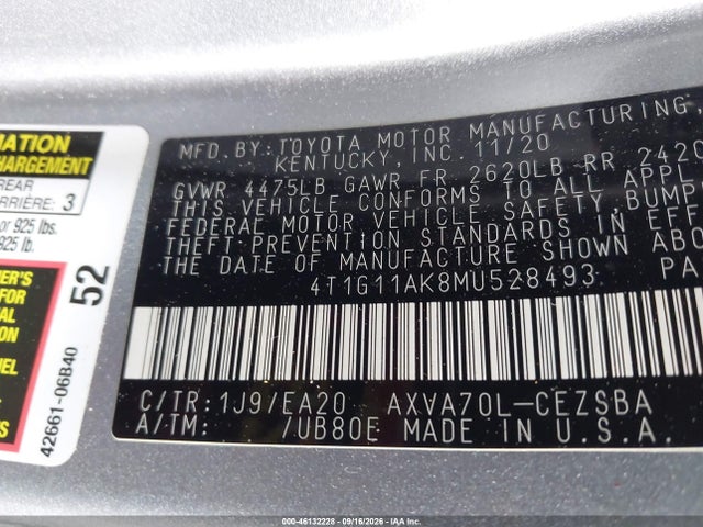 46132228 :رقم المزاد ، 4T1G11AK8MU528493 vin ، 2021 Toyota Camry Se مزاد بيع