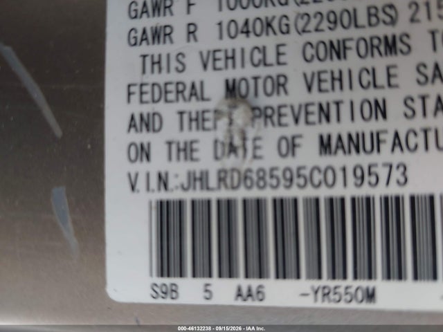 46132238 :رقم المزاد ، JHLRD68595C019573 vin ، 2005 Honda Cr-v Lx مزاد بيع