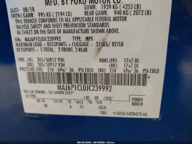 Продаж на аукціоні авто 2018 Ford Ecosport Ses, vin: MAJ6P1CL0JC239992, номер лоту: 46132243