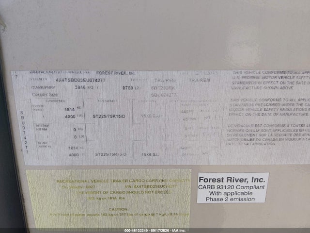 Продажа на аукционе авто 2014 Forest River Travel Trlr, vin: 4X4TSBD23EU074277, номер лота: 46132249