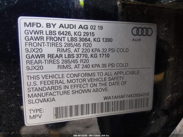 Продажа на аукционе авто 2019 Audi Q7, vin: WA1AHAF74KD034259, номер лота: 46132258
