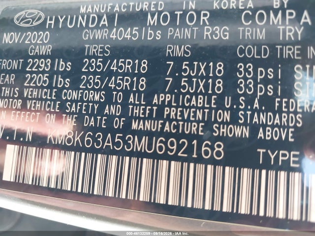 46132259 :رقم المزاد ، KM8K63A53MU692168 vin ، 2021 Hyundai Kona Night مزاد بيع