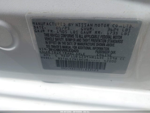 Aukcja sprzedaży 2025 Nissan Versa 1.6 S, vin: 3N1CN8DV0SL833423, numer aukcji: 46132262