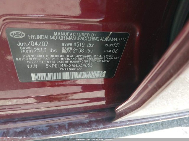 2008 Hyundai Sonata Limited V6/se V6 მანქანა იყიდება აუქციონზე, vin: 5NPEU46FX8H334855, აუქციონის ნომერი: 46132267