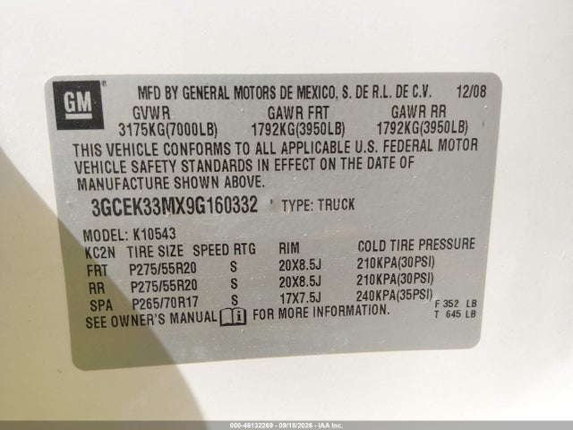 46132269 :رقم المزاد ، 3GCEK33MX9G160332 vin ، 2009 Chevrolet Silverado 1500 Ltz مزاد بيع