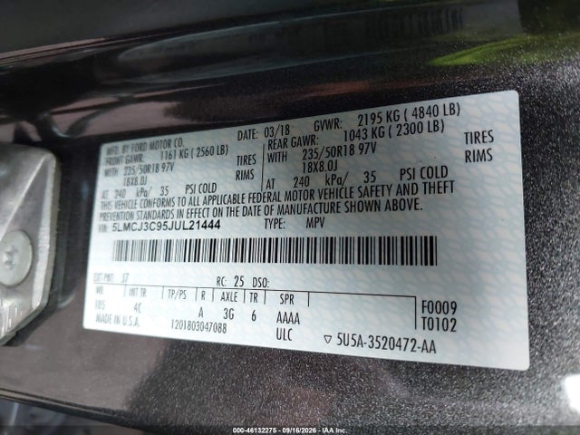 46132275 :رقم المزاد ، 5LMCJ3C95JUL21444 vin ، 2018 Lincoln Mkc Reserve مزاد بيع