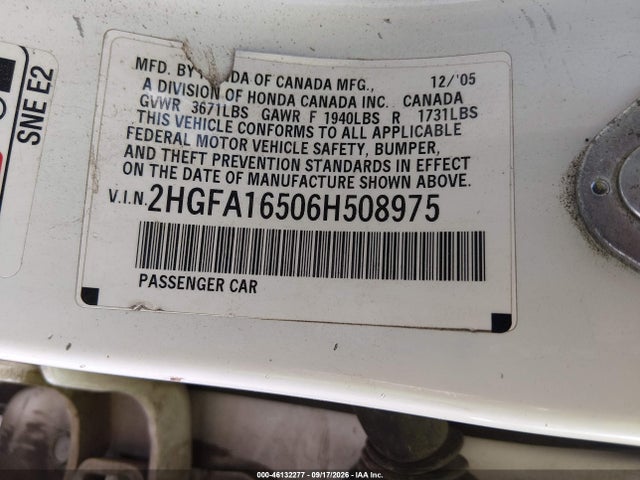 46132277 :رقم المزاد ، 2HGFA16506H508975 vin ، 2006 Honda Civic Lx مزاد بيع