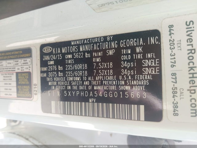 Aukcja sprzedaży 2016 Kia Sorento 3.3l Ex, vin: 5XYPHDA54GG015663, numer aukcji: 46132289