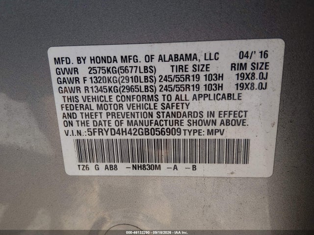 Auction sale of the 2016 Acura Mdx Technology   Acurawatch Plus Packages/technology Package, vin: 5FRYD4H42GB056909, lot number: 46132290