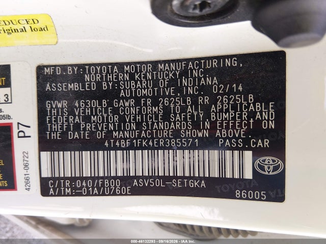 2014 Toyota Camry Xle მანქანა იყიდება აუქციონზე, vin: 4T4BF1FK4ER385571, აუქციონის ნომერი: 46132293