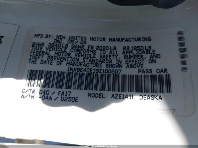 Продажа на аукционе авто 2009 Toyota Corolla Xrs, vin: 1NXBE40E19Z100607, номер лота: 46132296