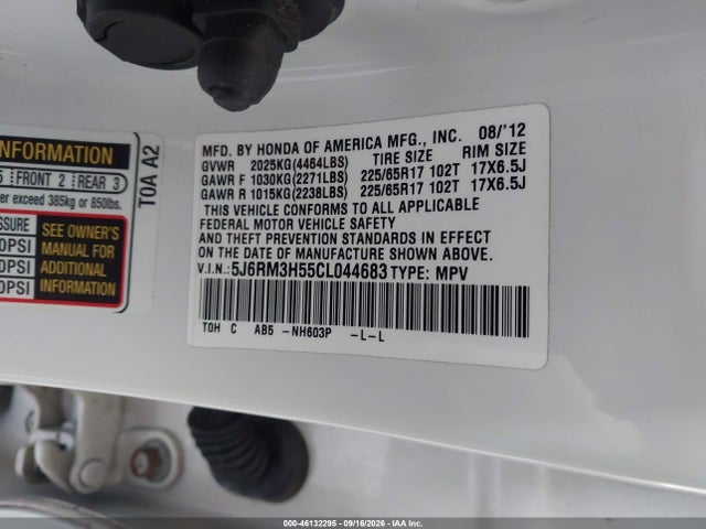 2012 Honda Cr-v Ex მანქანა იყიდება აუქციონზე, vin: 5J6RM3H55CL044683, აუქციონის ნომერი: 46132295