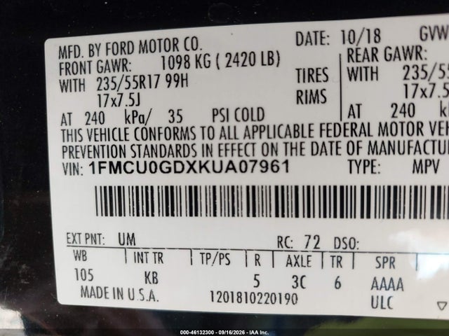 46132300 :رقم المزاد ، 1FMCU0GDXKUA07961 vin ، 2019 Ford Escape Se مزاد بيع