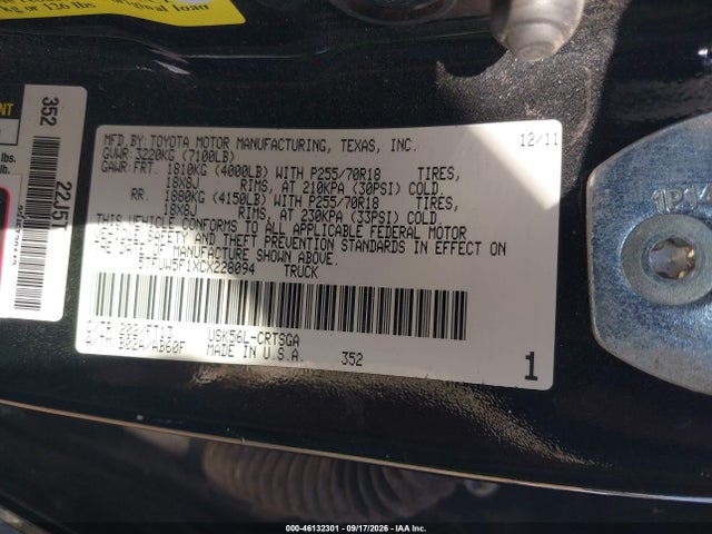 46132301 :رقم المزاد ، 5TFUW5F1XCX228094 vin ، 2012 Toyota Tundra Grade 5.7l V8 مزاد بيع