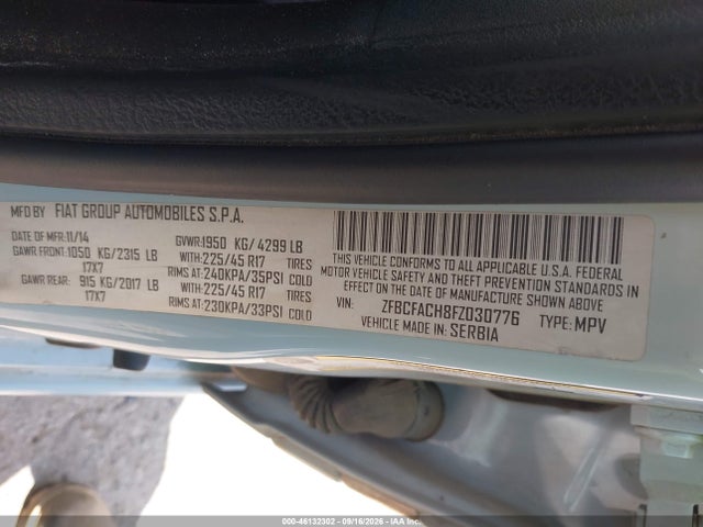 Aukcja sprzedaży 2015 Fiat 500l Lounge, vin: ZFBCFACH8FZ030776, numer aukcji: 46132302