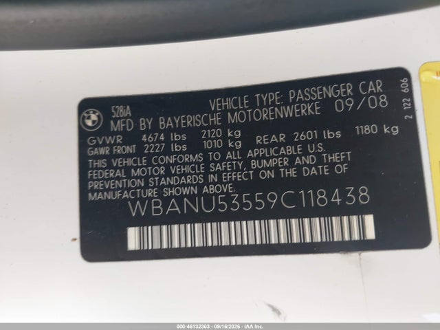 46132303 :رقم المزاد ، WBANU53559C118438 vin ، 2009 Bmw 528i مزاد بيع