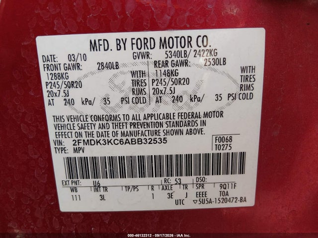 46132312 :رقم المزاد ، 2FMDK3KC6ABB32535 vin ، 2010 Ford Edge Limited مزاد بيع