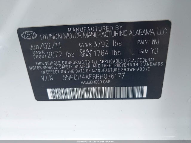 Auction sale of the 2011 Hyundai Elantra Limited, vin: 5NPDH4AE8BH076177, lot number: 46132313