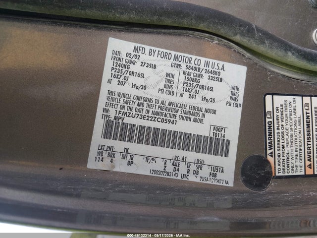 2002 Ford Explorer Xlt მანქანა იყიდება აუქციონზე, vin: 1FMZU73E22ZC05941, აუქციონის ნომერი: 46132314