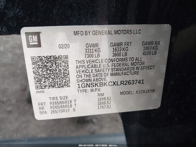 Продажа на аукционе авто 2020 Chevrolet Tahoe 4wd Lt, vin: 1GNSKBKCXLR263741, номер лота: 46132325