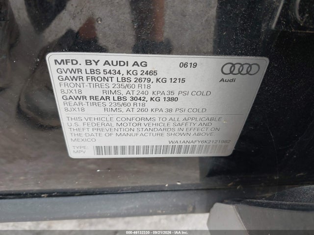 46132330 :رقم المزاد ، WA1ANAFY6K2121982 vin ، 2019 Audi Q5 45 Premium مزاد بيع