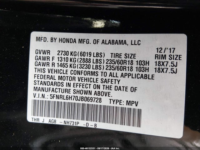 Продажа на аукционе авто 2018 Honda Odyssey Ex-l, vin: 5FNRL6H70JB069728, номер лота: 46132331
