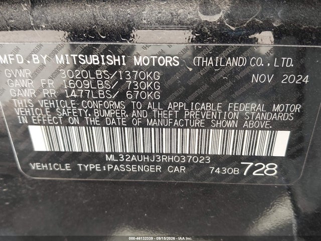 46132339 :رقم المزاد ، ML32AUHJ3RH037023 vin ، 2024 Mitsubishi Mirage Es/le مزاد بيع