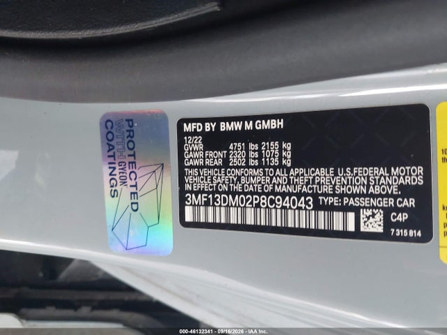 2023 Bmw M2 მანქანა იყიდება აუქციონზე, vin: 3MF13DM02P8C94043, აუქციონის ნომერი: 46132341