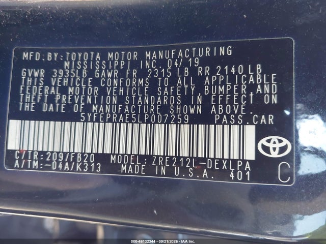 Aukcja sprzedaży 2020 Toyota Corolla Le, vin: 5YFEPRAE5LP007259, numer aukcji: 46132344