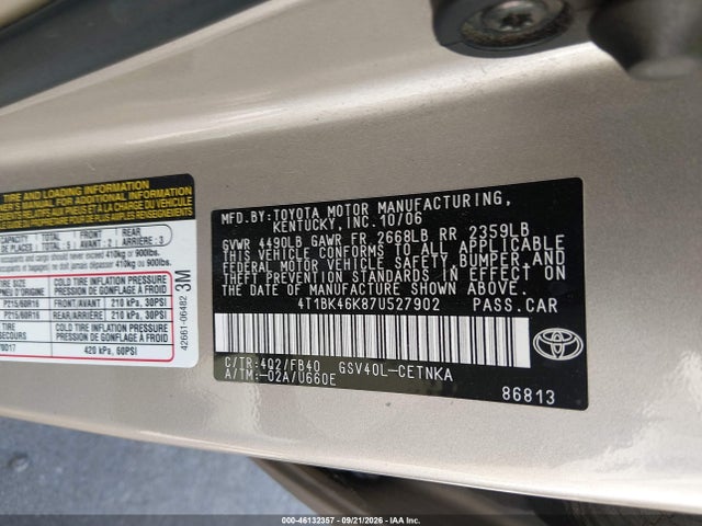 46132357 :رقم المزاد ، 4T1BK46K87U527902 vin ، 2007 Toyota Camry Le V6 مزاد بيع