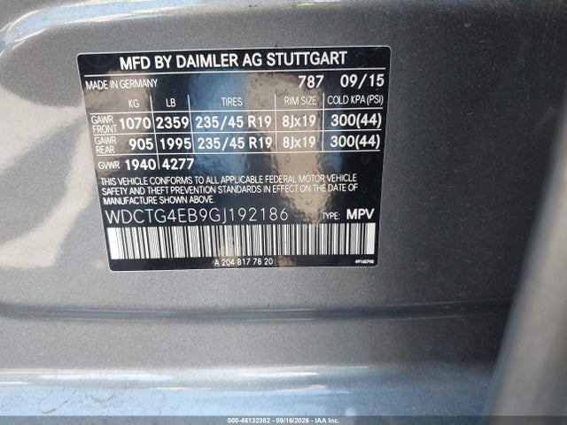 Продаж на аукціоні авто 2016 Mercedes-benz Gla 250, vin: WDCTG4EB9GJ192186, номер лоту: 46132362