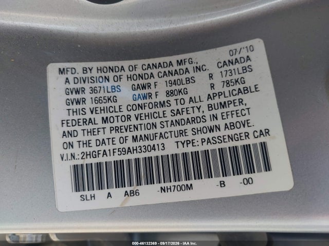 2010 Honda Civic Lx მანქანა იყიდება აუქციონზე, vin: 2HGFA1F59AH330413, აუქციონის ნომერი: 46132369